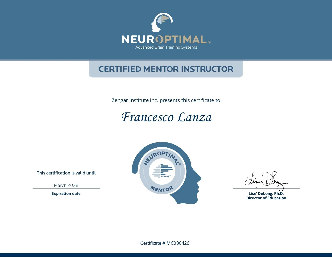 Certificato Mentor Instructor 2026 — Dynamical Neurofeedback® / Zengar Institute® Inc.